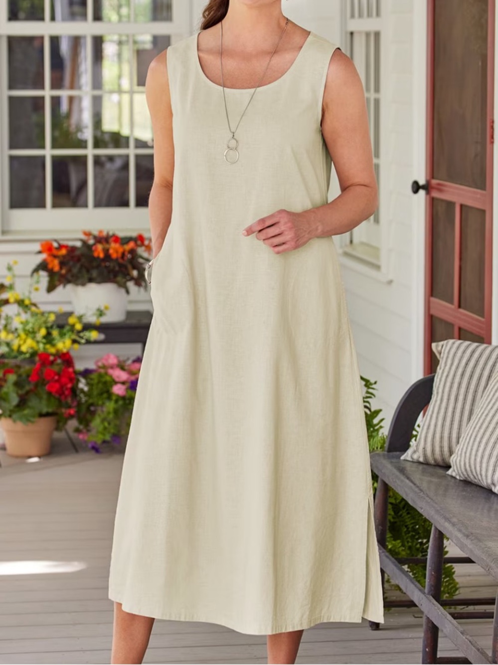 The Vermont Country Store Sleeveless Scoop Neck Linen Blend Midi Dress Oatmeal